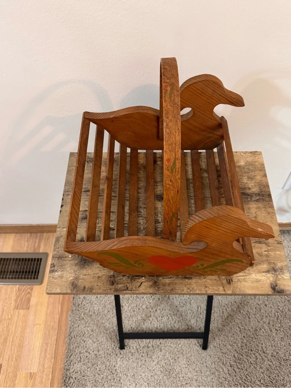 Vintage Wooden Folk Art Duck Basket Carrier | Rustic Farmhouse Decor